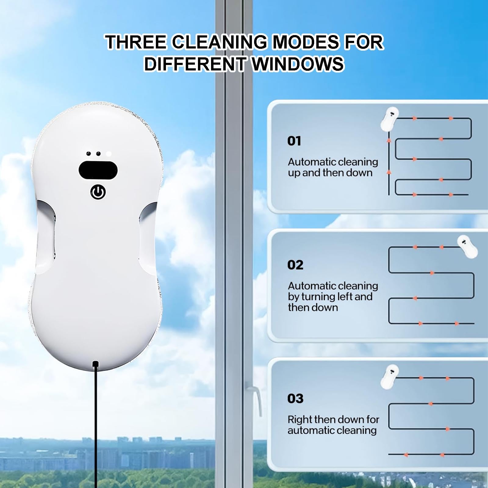 Robot Limpiacristales De 80 W, Pulverizador De Agua Doble Automático Y Potente Succión De 2800 Pa, 3 Modos De Limpieza, Con Control Remoto Y Cuerda De Seguridad.,White