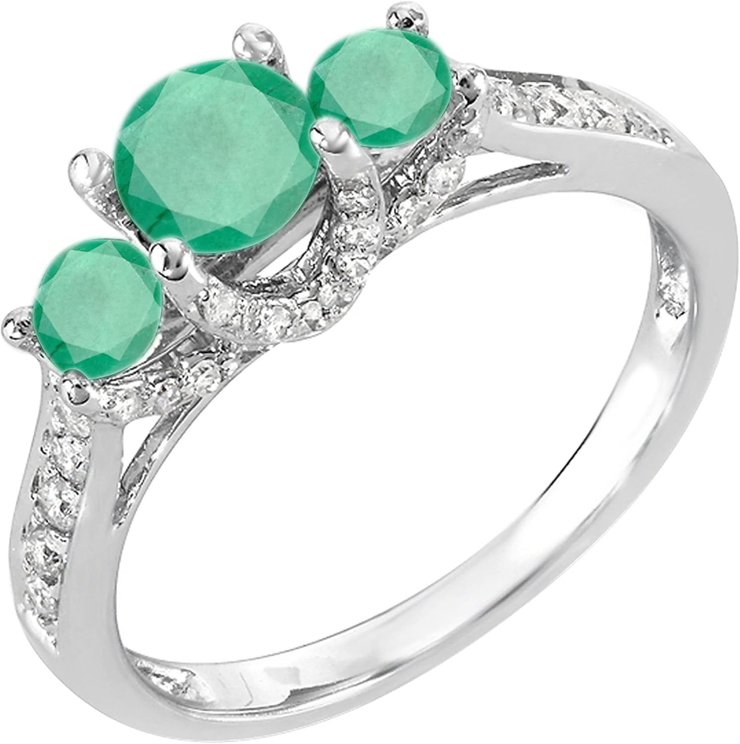 Dazzlingrock Collection Round White Diamond And Emerald 3 Stone Womens Bridal Engagement Ring, 14K Solid White Gold