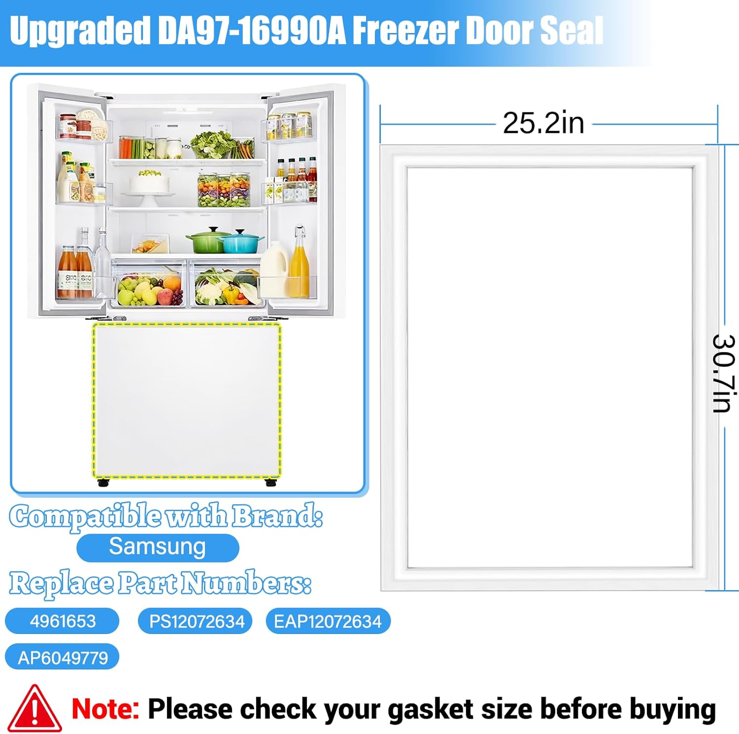 Upgraded DA97-16990A Freezer Door Gasket Compatible with Samsung Refrigerator Door Gasket AP6049779 PS12072634 EAP12072634 Freezer Door Seal Replacement 30.7"x 25.2" RF18HFENBSG Refrigerator Door Seal