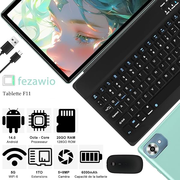 fezawio 2026 Ultimo Tablet Android 15 da 5 G Wi-FI 6,20 GB RAM+128 GB ROM (1TB TF), Octa-Core Tablet Touch PC,GMS,Widevine L1,6000 mAh,8 MP+5 MP,con tastiera+mouse e custodia,Verde - 3