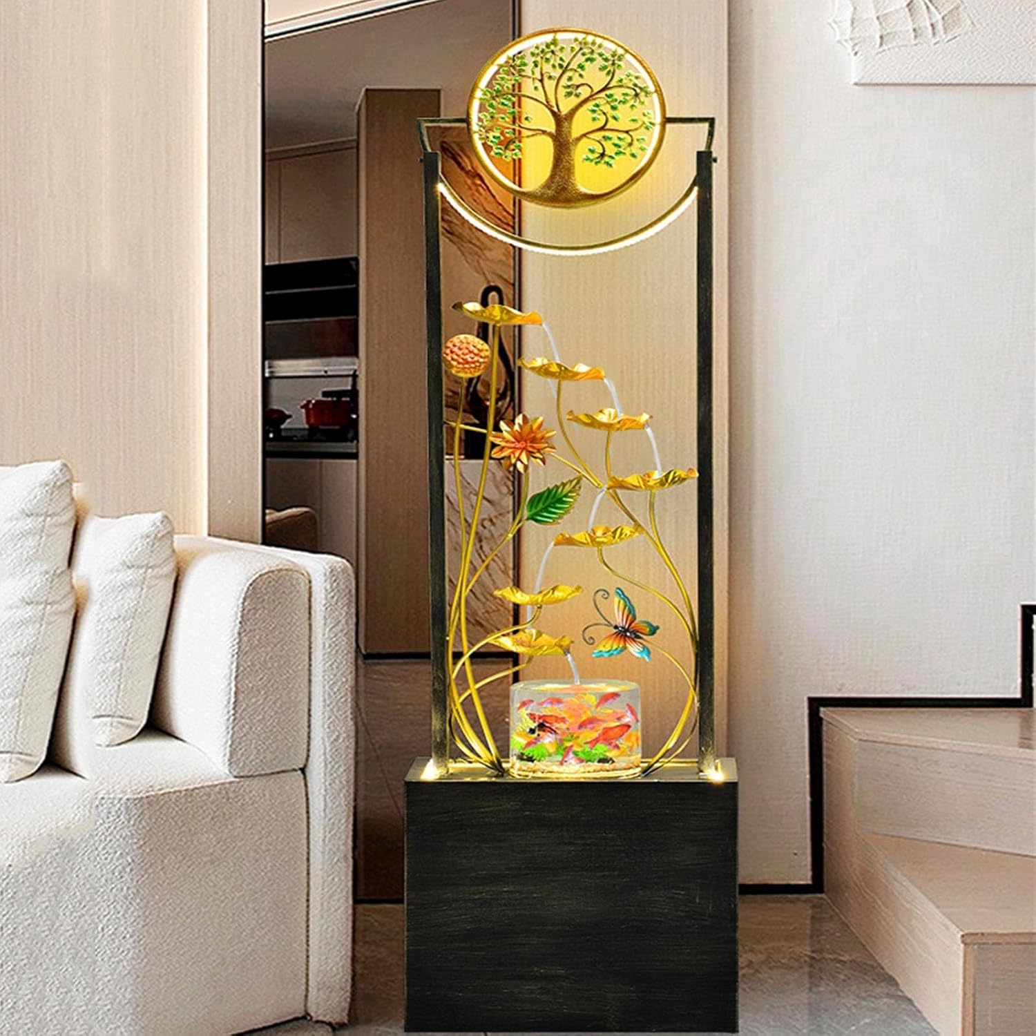 Outdoor Garden Water Fountain Chinese Waterfall Indoor Fountain, Floor Standing Water Fountain with Fish Tank, for Home Office Landscape Decor Fengshui Gift Contemporary Water Feature (Size : 02)