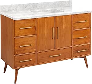Signature Hardware 953363-48-RUMB-0 Novak 48" Freestanding Teak Single Basin Vanity Set with Cabinet, Vanity Top, and Rectangular Undermount Sink - No Faucet Holes - Teak/Carrara Marble