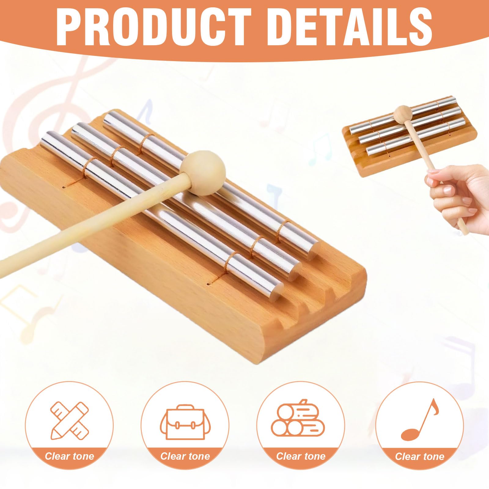 Chime Energy - Varilla de sonido de 3 tonos con mazo de madera, carillón para niños, para profesores, clases de música, meditación y yoga