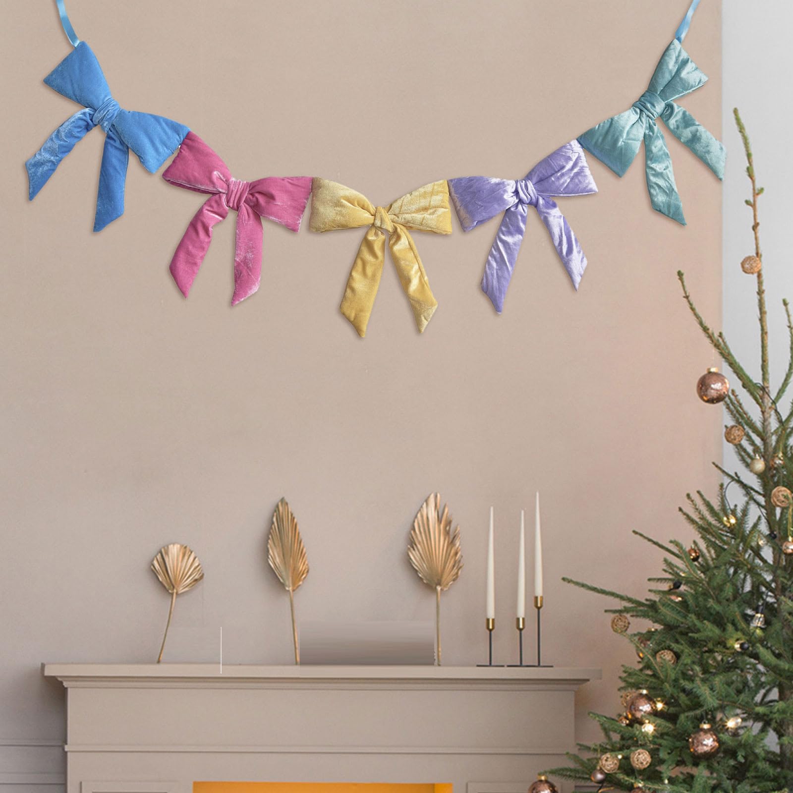 Banderines de terciopelo de 152 cm con lazo listos para colgar para festivales, temporada de primavera, hogar, chimeneas, escaleras, decoración, banderines de Pascua