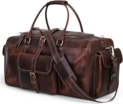 Leather Duffle Bags for Men - 21 Inch Full Grain Leather travel bag, leather overnight bag, Mens Leather Bag, Carry On Leather Weekender Bag, Airplane Leather Luggage Duffel Gym Bag