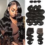 Katspon Bundles with Closure Brazilian Body Wave 3 Bundles with Closure Virgin 100% Unprocessed Human Hair Extensions 4x4 Free Part Lace Closure Natural Color (16 18 20+14)