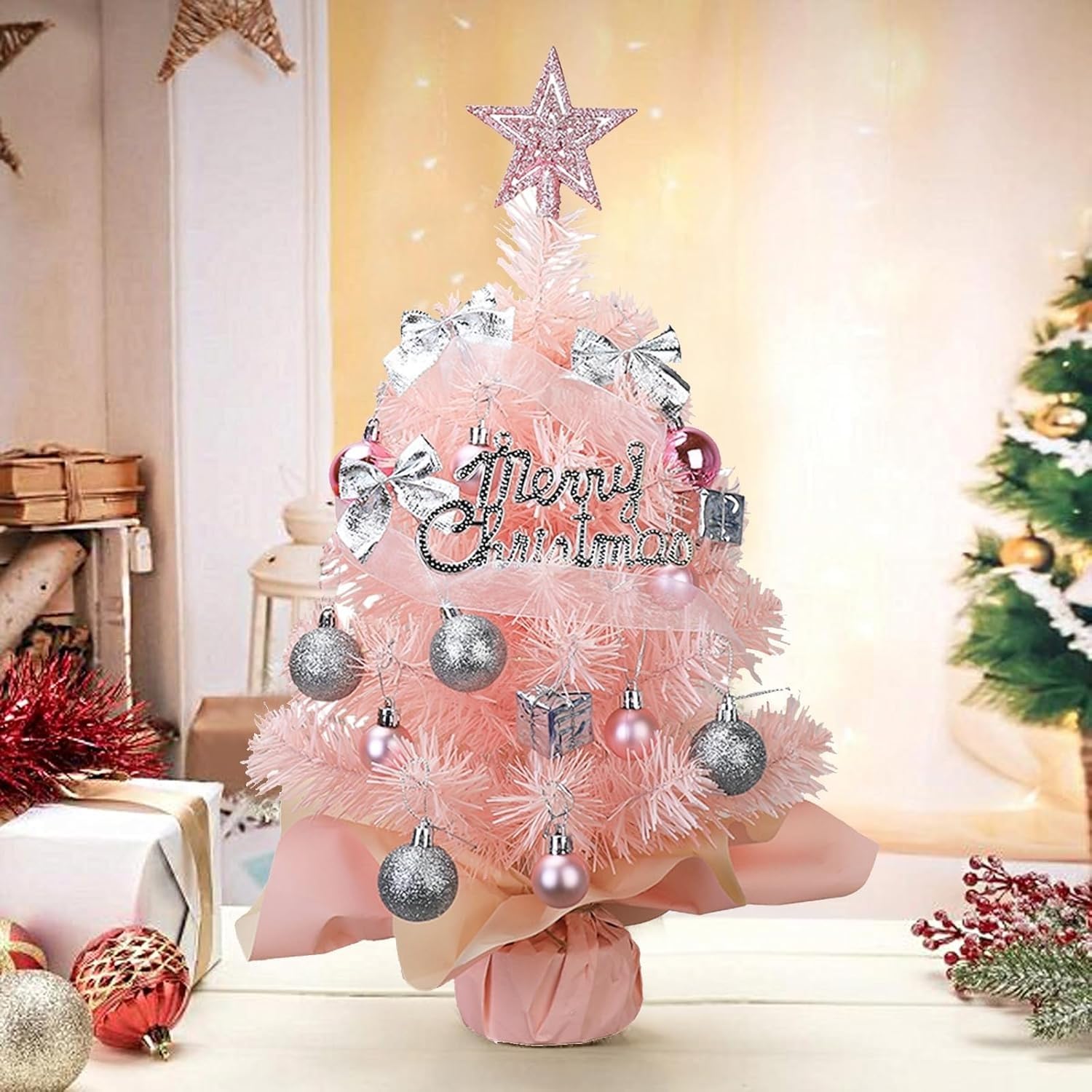 Petit Sapin de Noël Table 45 cm avec lumières et Boules décoratives for la Maison, Les fêtes Petits espaces(Roze)
