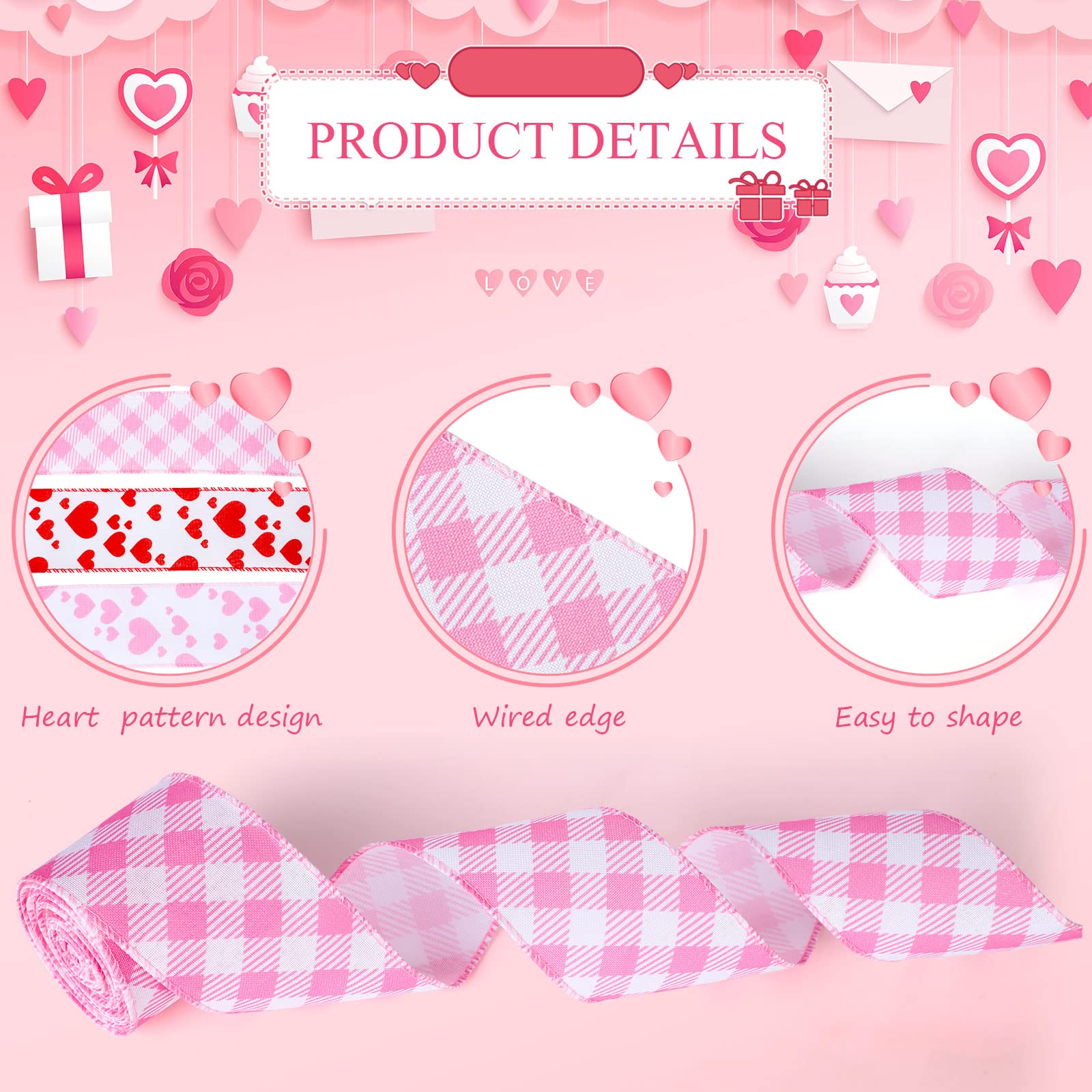 6 Rollen 30 Yards Valentinstag Juteband Drahtband 6,3 cm Herz bedruckt Valentinstag Juteband Rot Rosa Weiß Karo Band Diagonal Büffel Plaid Bänder für Kranz Schleife Basteln Dekor