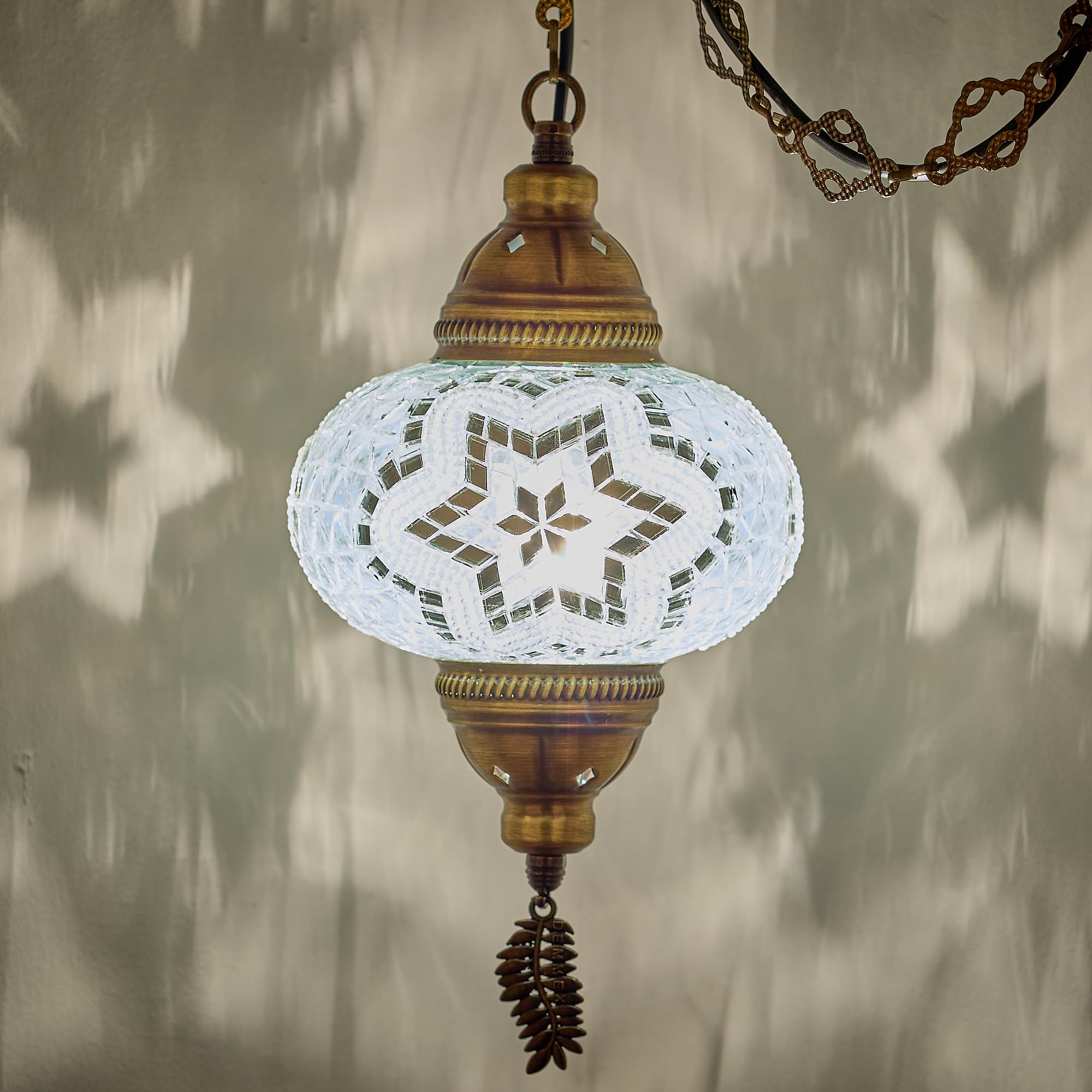DEMMEX Plug-in Turkish Moroccan Mosaic Hanging Pendant Ceiling Light – Swag Lamp Fixture with 15ft Cord & Chain, Handcrafted Glass, Vintage Tiffany Style, Mediterranean Exotic Decor, White&Clear