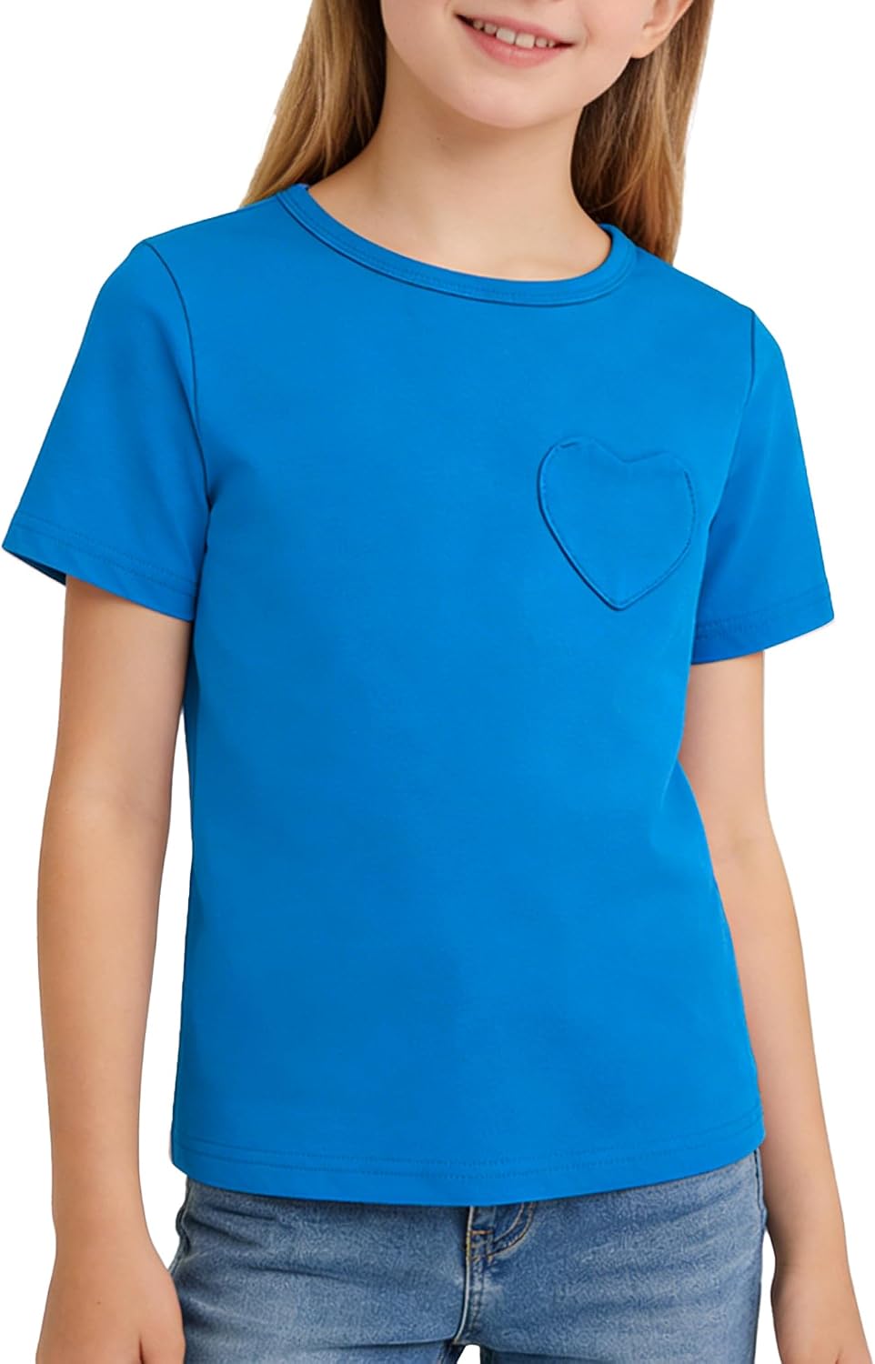 1-14Y Toddler Girls Shirt Baby Girl Blouse Solid Color Short Sleeve Heart Pocket T-Shirt Casual Cotton Tee Plain Top