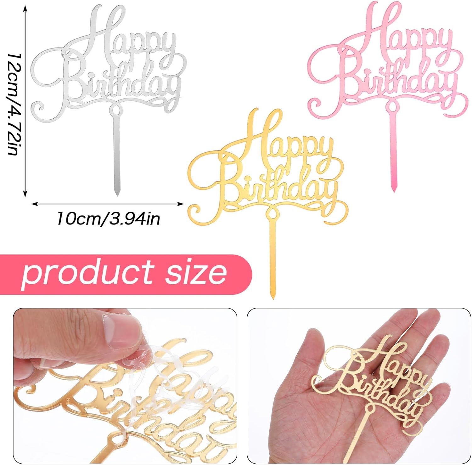 3 PCS Acrylic Birthday Cake Toppers, Happy Birthday Cake Decorations Topper, Glossy Happy Birthdays Topper for Party Cakes Decoration(Gold, Silver, Rose Gold)