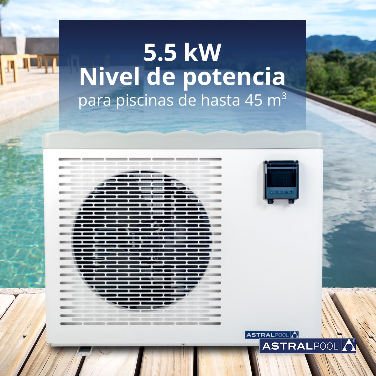 Eco Elyo-07 76558 Bomba de Calor para Piscina - Calentador de Piscina - Temperatura Ideal del Agua - 6 Niveles de Potencia - Calefacción Silenciosa y Ahorro de Energía - 5,5 kW - Astralpool