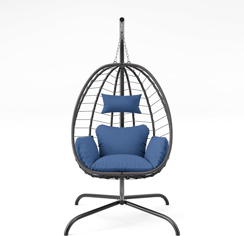 RTDTD Outdoor Hanging Egg Chair with Stand,Patio Wicker Swing Egg Chair Hammock Chair with UV Resistant Cushion,All-Weather 485lbs Capacity for Bedroom,Balcony,Garden,Navy Blue