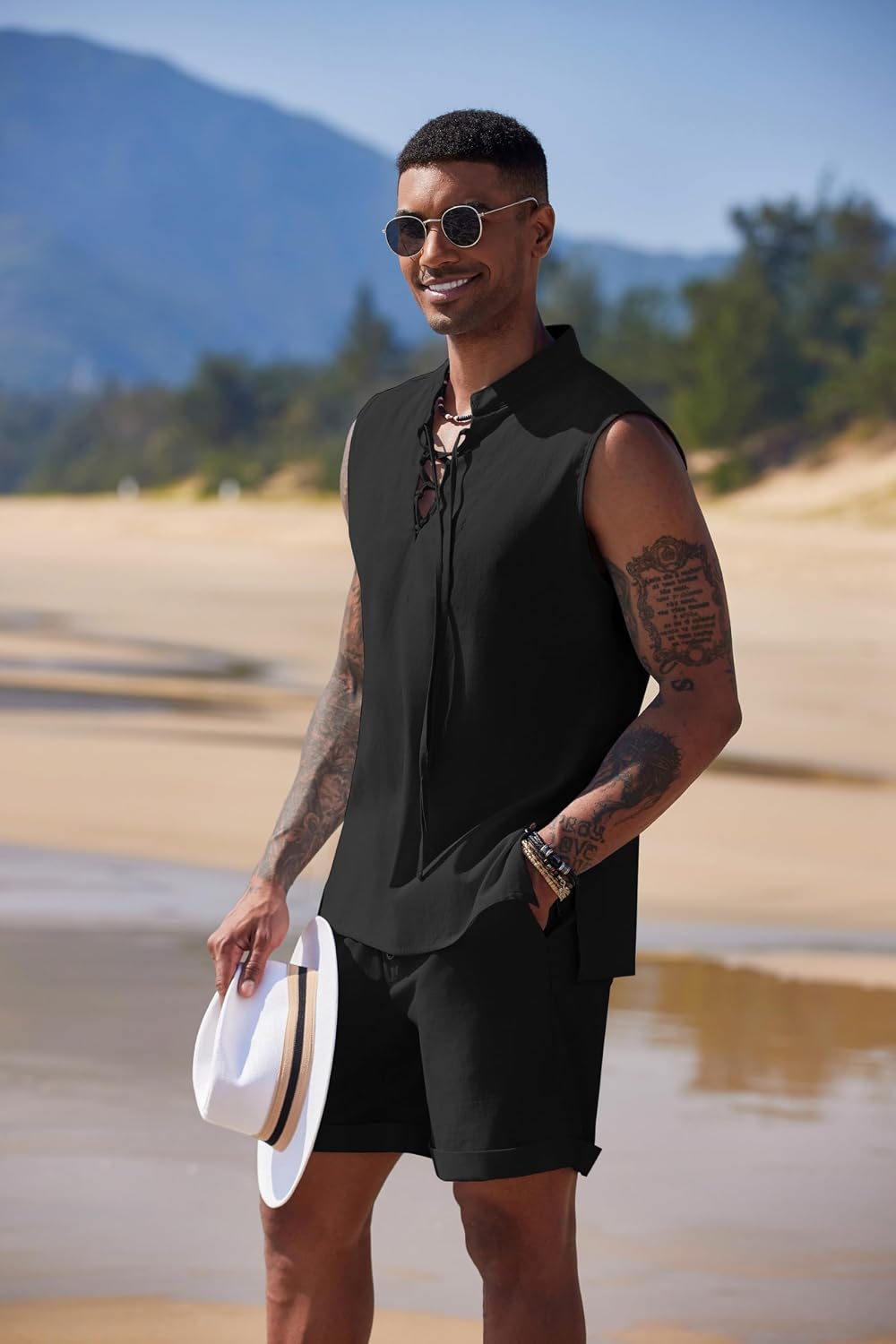 COOFANDY Men's Linen Sets 2 Piece Beach Outfits Lace Up Hippie Tank Tops Summer Casual Sleeveless Shirts Matching Shorts Set