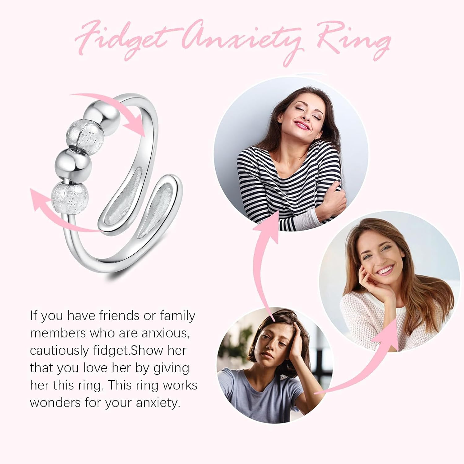HUASAI Anxiety Rings for Women Silver Adjustable Spinner Ring with Beads Stress Relief Fidget Jewelry Gifts - Image 5
