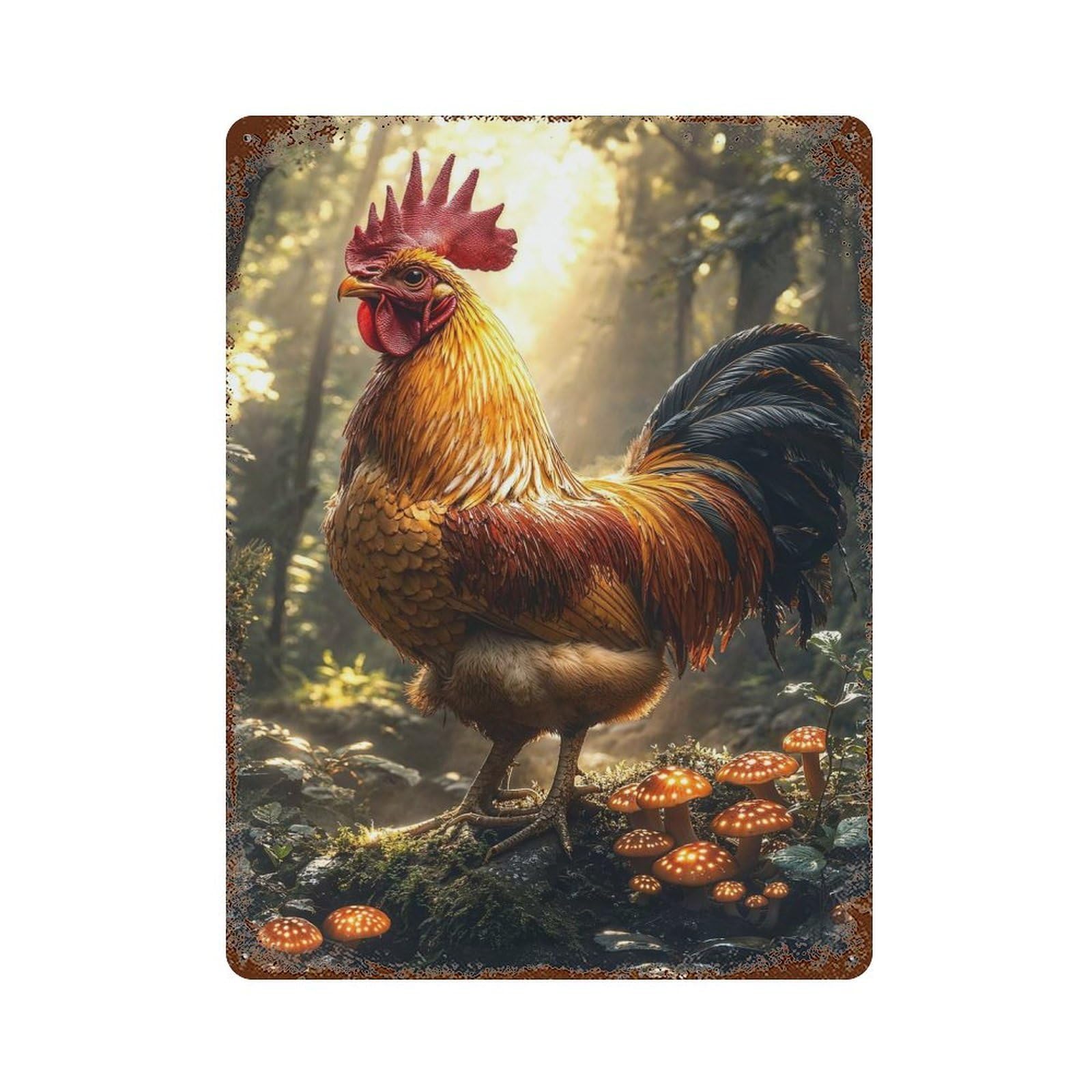 Rooster in Enchanted Forest Rusty Metal Tin Sign 15.7"x11.8", Ideal for Pub, Kitchen And Man Cave Decor