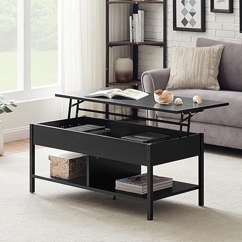 Miniatura 7 de Mesa auxiliar elevable, multifunción 3 en 1 con compartimento oculto y estante de almacenamiento, mesa central de elevación de madera, mesa de