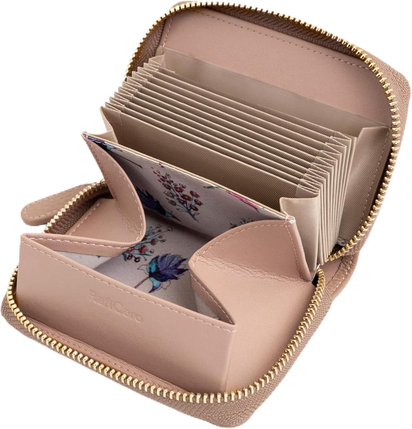 [RafiCaro] ミニ財布 お札が折れない 財布 レディース メンズ 二つ折り財布 大容量 じゃばら カードケース ボックス型 小銭入れ YKKファスナー 牛革 小さい財布 ダスティピンク/花柄