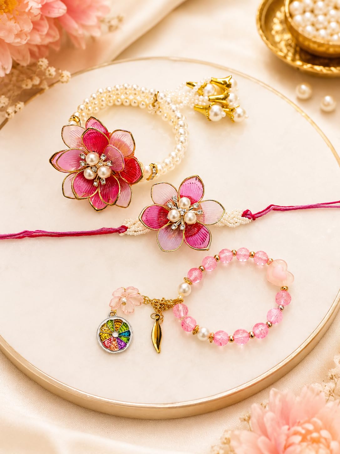 Floral Designer Rakhi for Brother and Bhabhi Kids Bracelet Rakhi Combo Pack of 3 with Greeting Card and Roli Chawal gift-image-32