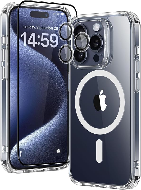 ESR Juego de fundas para iPhone 15 Pro, 1 protector de pantalla de vidrio templado, 1 juego de protectores de lentes, protección de grado militar, funda para teléfono MagSafe resistente al amarilleo y a los arañazos, serie clásica, transparente