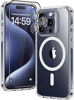 ESR for iPhone 15 Pro Max Case Set, 1 Tempered-Glass Screen Protector, 1 Set of Lens Protectors, Military-Grade Protection, Yellowing and Scratch Resistant MagSafe Phone Case, Classic Series, Clear