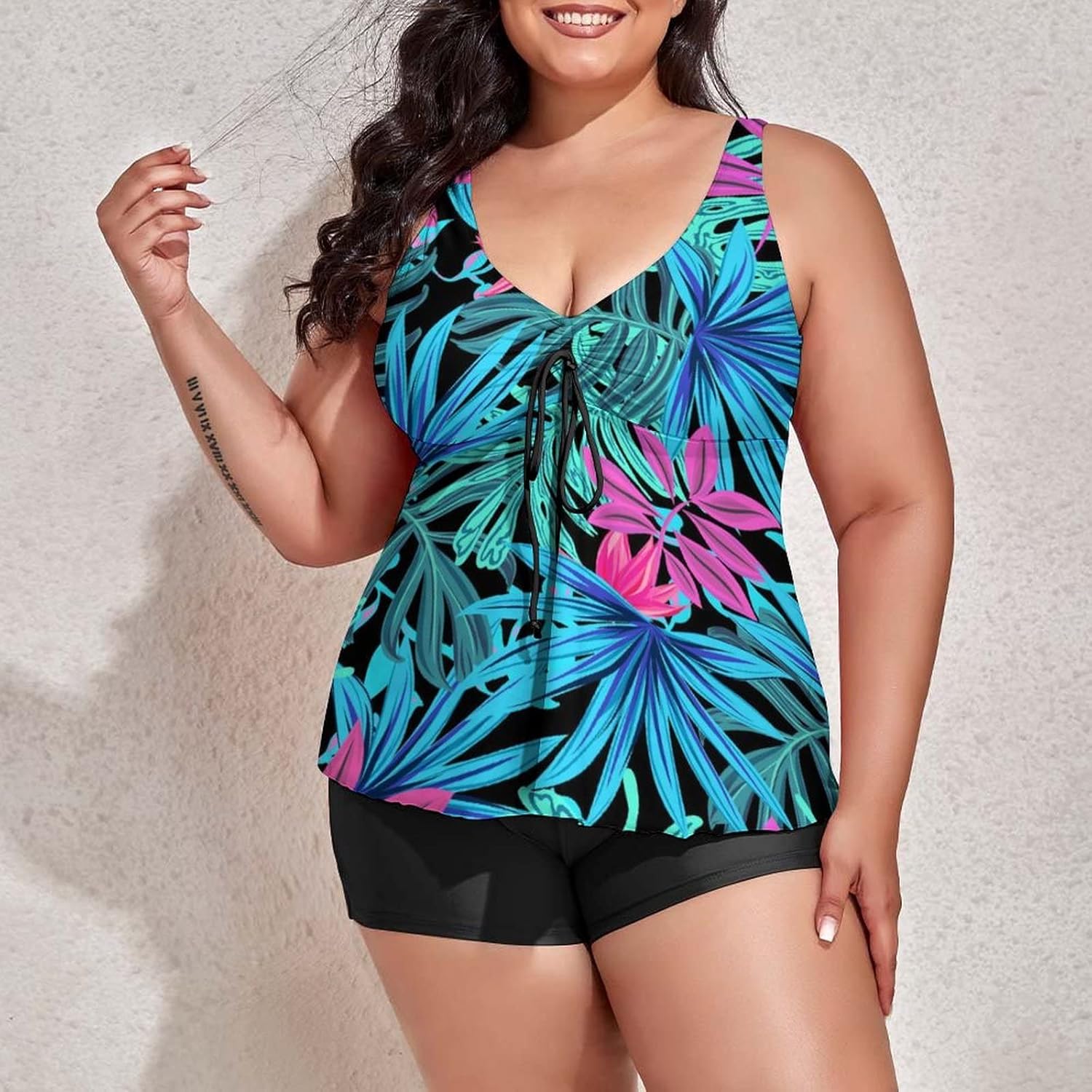 Two Piece Plus Size Tankini Swimsuits for Women's Tropical Jungle Palm Leaves Flowers Bathing Suit Swim Top Shorts Tropical Green Plant Tummy Control Swimwear