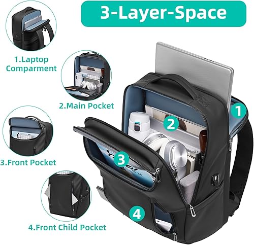 Miniatura 5 de GYakeog Mochila de negocios para hombre, mochila para laptop con cargador USB, impermeable, duradera, mochila para el fin de semana, bolsa para