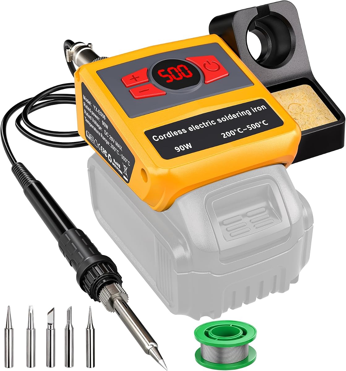 Cordless Soldering Iron Station Compatible with Dewalt 20V | 90W Digital Display Soldering Station with Solder Tips Kit, Wire, 200℃-500℃ Adjustable for electronics repair
