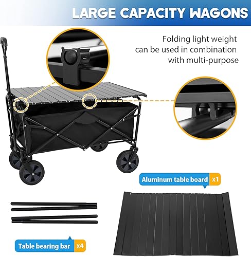 Miniatura 4 de Carro plegable de jardín plegable con tabla de mesa plegable, ruedas universales para camping, picnic, eventos al aire libre, color negro