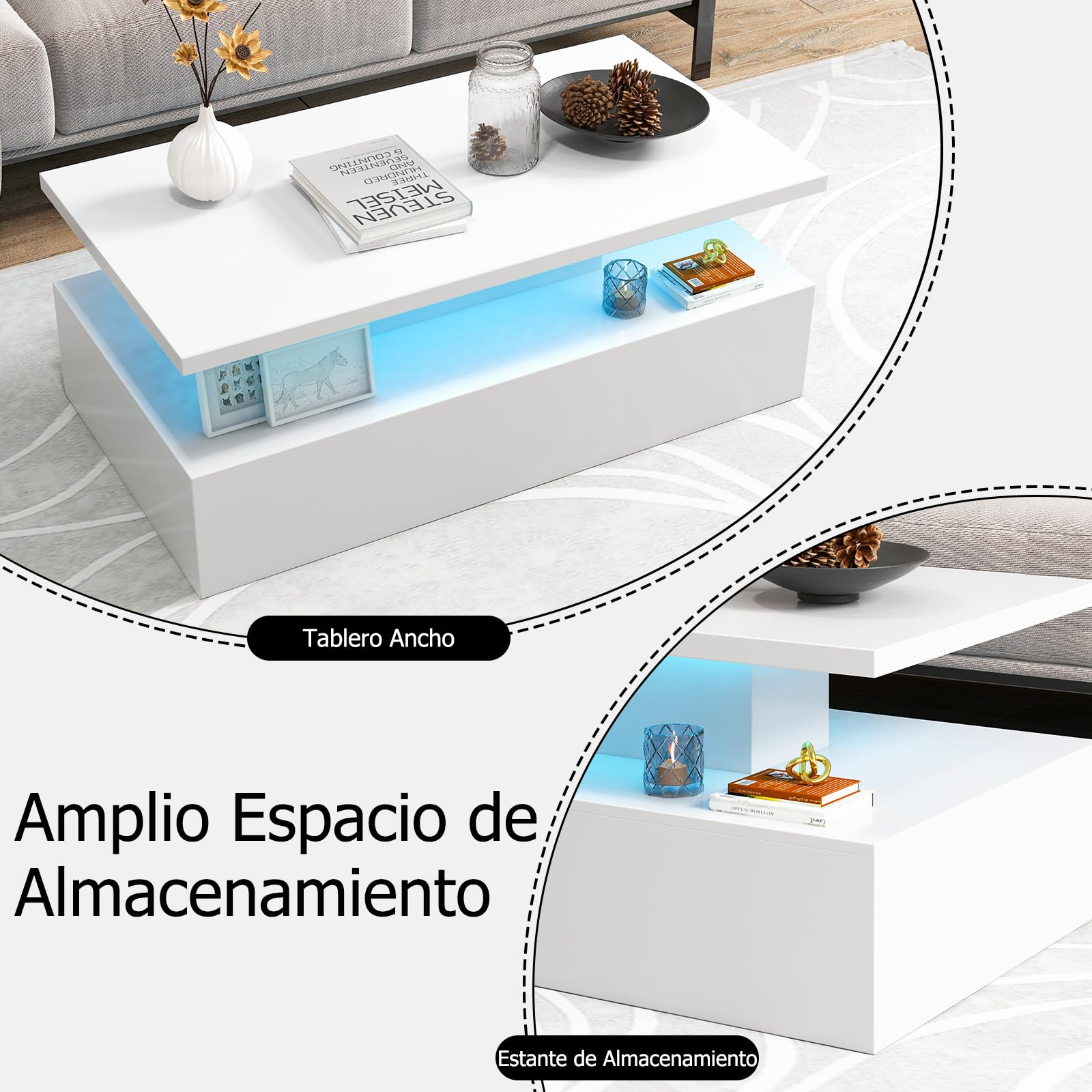 GOPLUS Mesa de Centro Con Luces LED, 2 Niveles, 19 Modos, 20 Colores, 8 Velocidades y Brillos Ajustables, Mando a Distancia, Rectangular, 110 x 60 x 40 cm (Blanco)