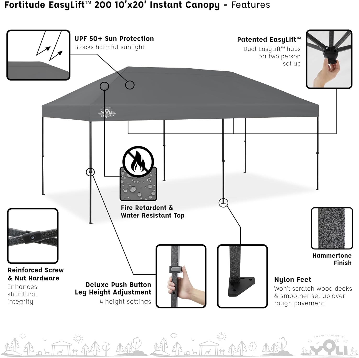 YOLI Fortitude EasyLift 200 Instant Pop-Up Canopy, 10x20 Heavy Duty Pavilion with EasyLift Tech & Heat Reflective Top – Gray