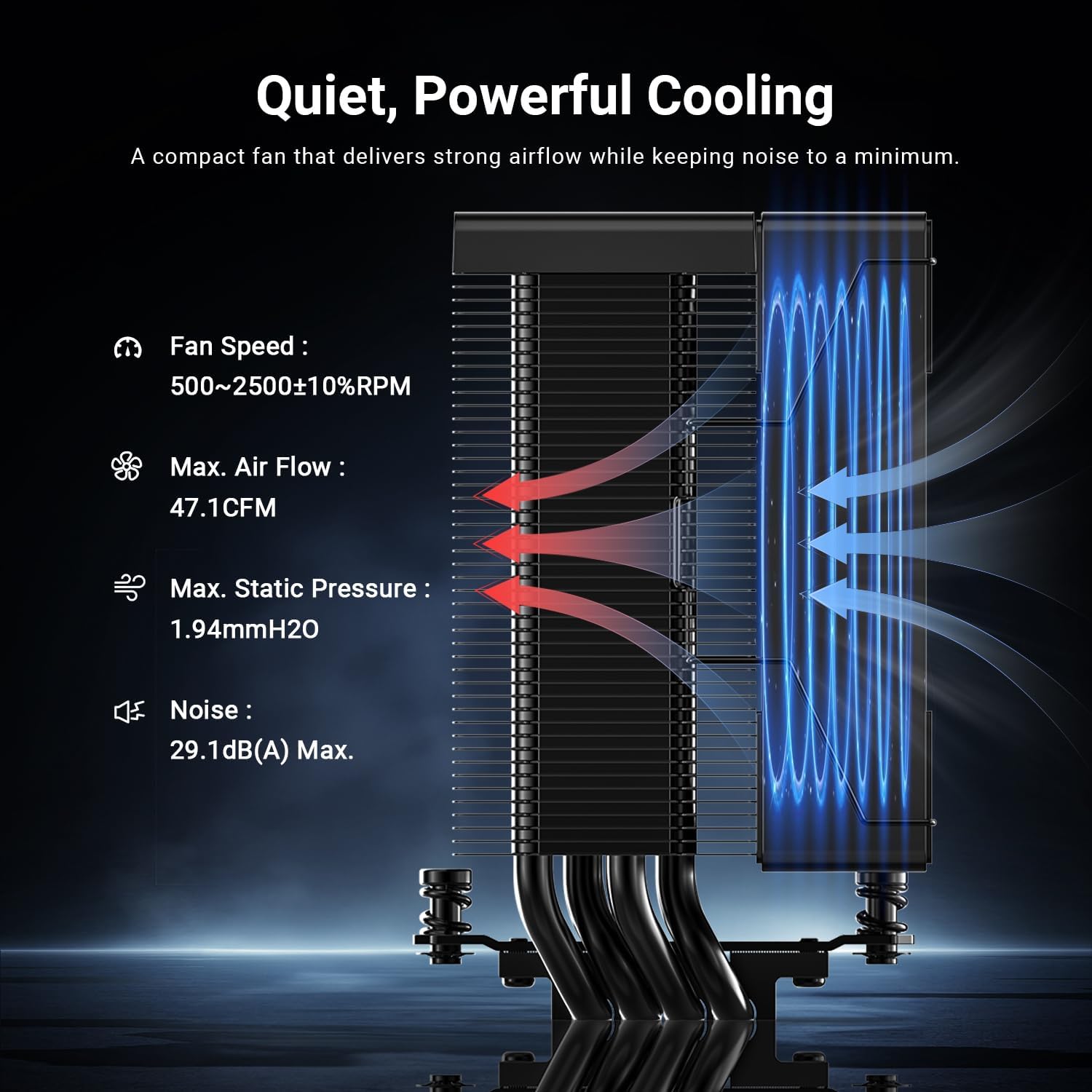 Diagram showing Quiet, Powerful Cooling specifications for ID-COOLING SE-904-XT BLACK CPU Cooler