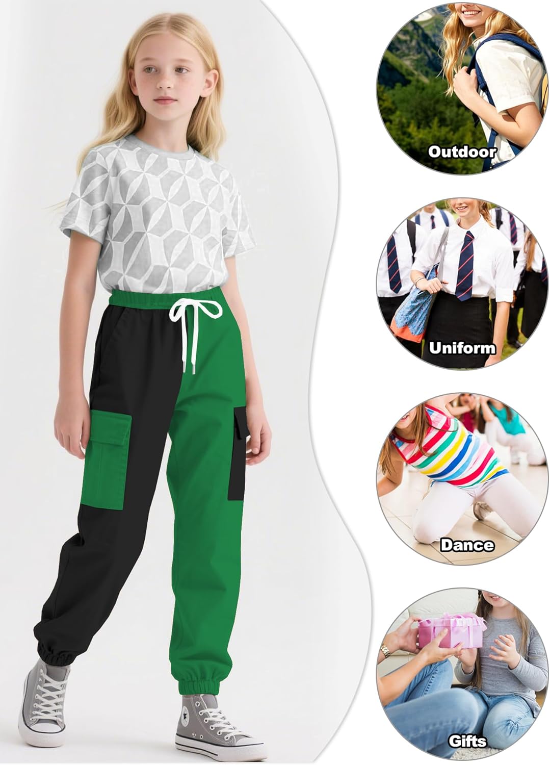 Cromoncent Girls&Womens Cargo Pants Elastic Waist Lightweight Outdoor Jogger Pants, 6 Years - XX-Large
