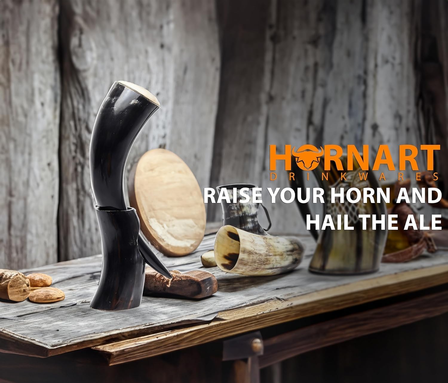 Viking Horn with Stand & Leather Holster, Loud Tumbler for Coffee, Beer, Mead, Whiskey & Ale, Unique Gift for Men, Dad, Brother, Anniversary, Birthday, or Christmas, Nordic Decor (Natural Black)