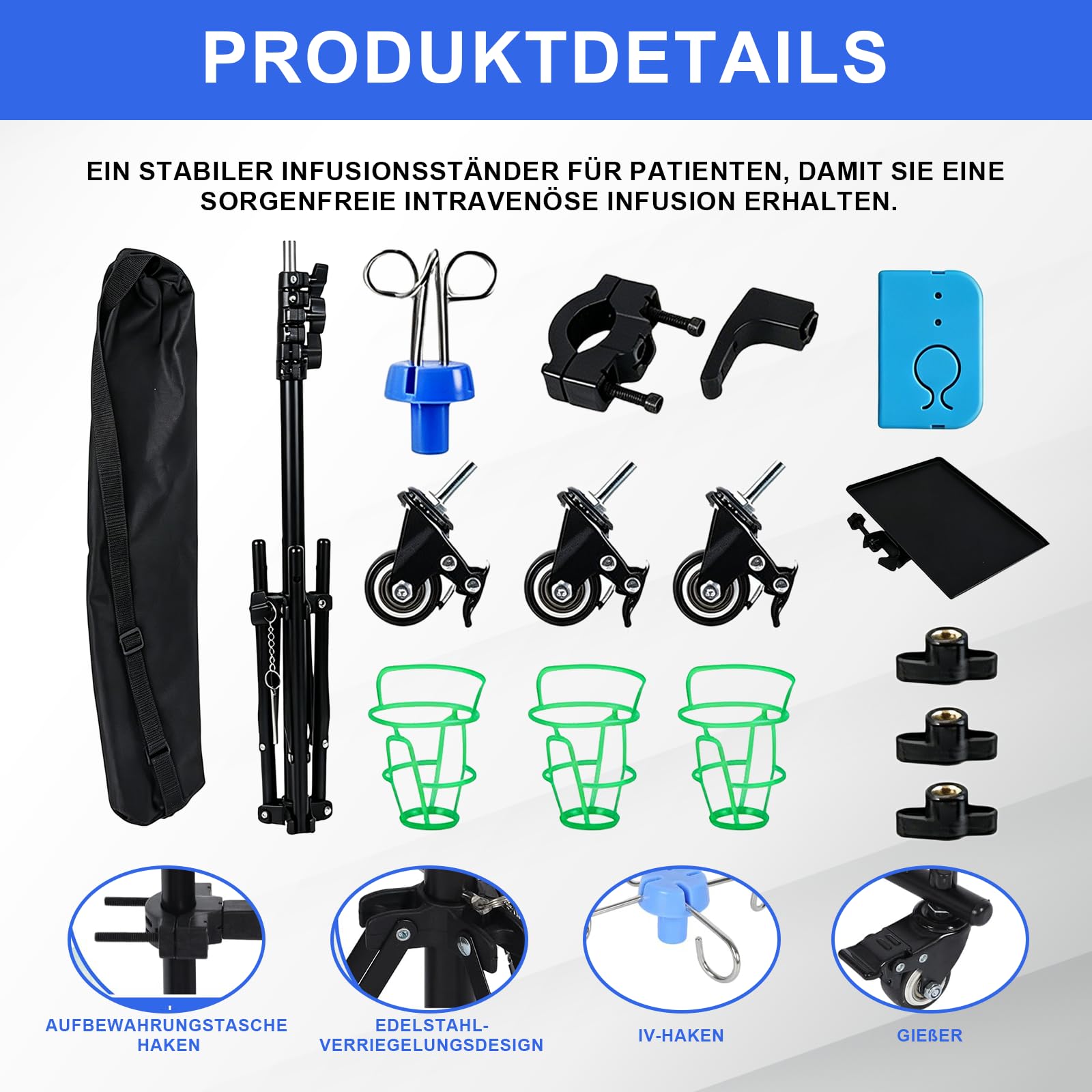 Verstellbarer Infusionsständer mit Rollen, Tragbarer Mobiler IV-Ständer, Höhenverstellbar 90-190cm, mit 4 Haken und 3 Netzbeuteln, Infusions-Dreibeinstativ für Krankenhau Häusliche Pflege und Klinik