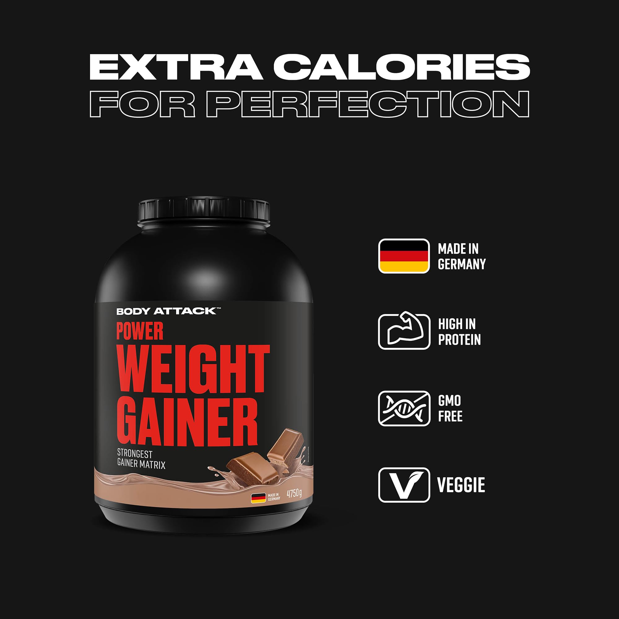 Body Attack Weight Gainer - Strawberry - 4,75 kg - Dein Mass Gainer für Masseaufbau & Muskelaufbau - Mit Whey Protein, BCAA und Kohlenhydraten - Dein fettarmer Masse Shake für hochwertige Kalorien