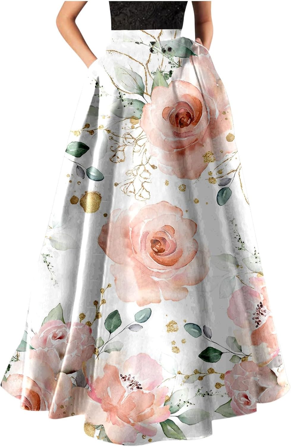 FNKDOR Jupes Femme Vintage Imprimé Floral Long Jupes Taille Haute A-Line Longue Jupe Bohême Tour De Taille Elastique Jupe Maxi Décontractée Vacances L'été Plage Rétro Plissée Jupe(A Gris,S