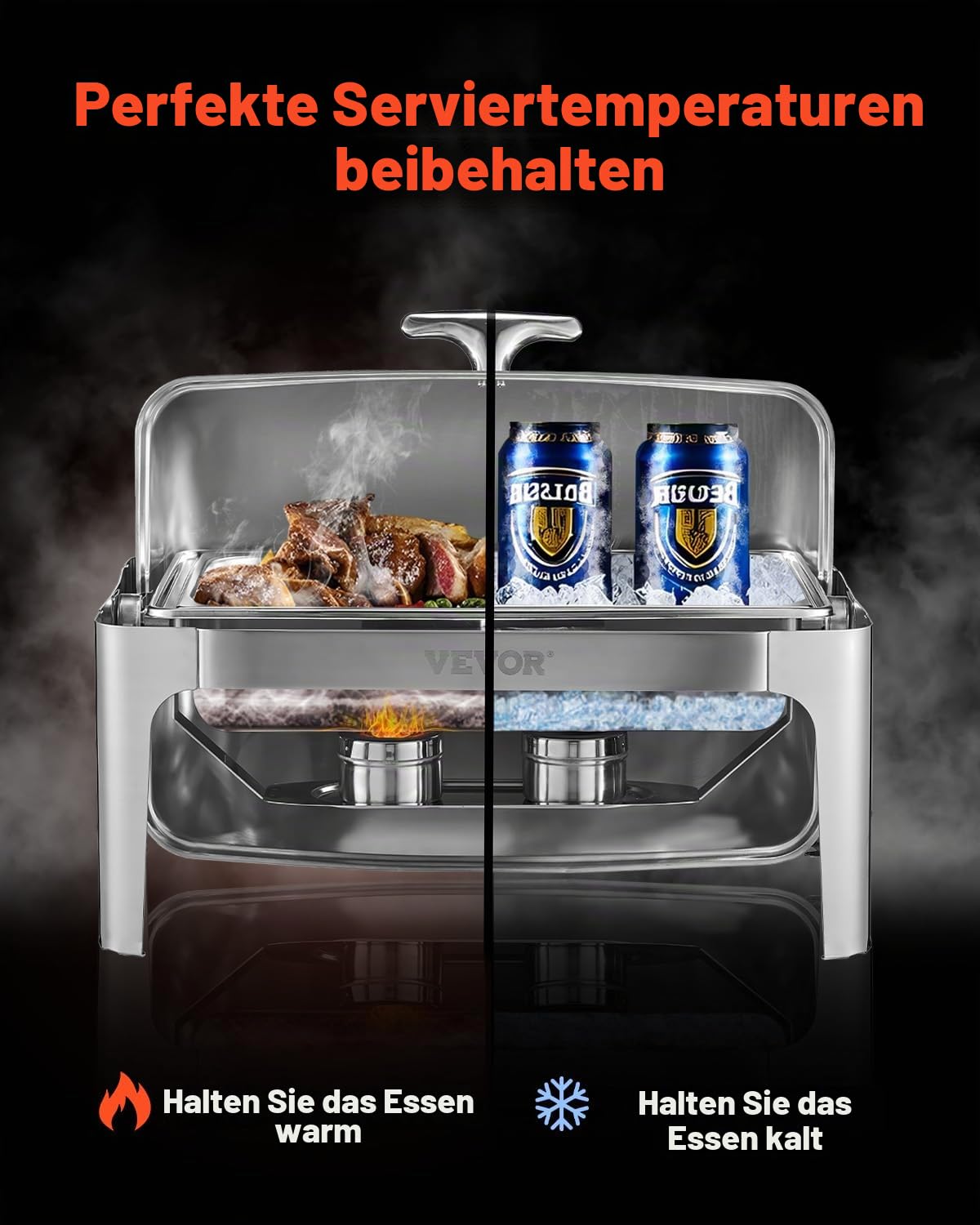 VEVOR Chafing Dish Set Speisenwärmer Edelstahl mit Pfannen in voller Größe (8,5 L), rechteckiger Wärmespender mit Roll Top Deckel & Wasserpfannenständer & Brennstoffhalter, für Buffet Silber