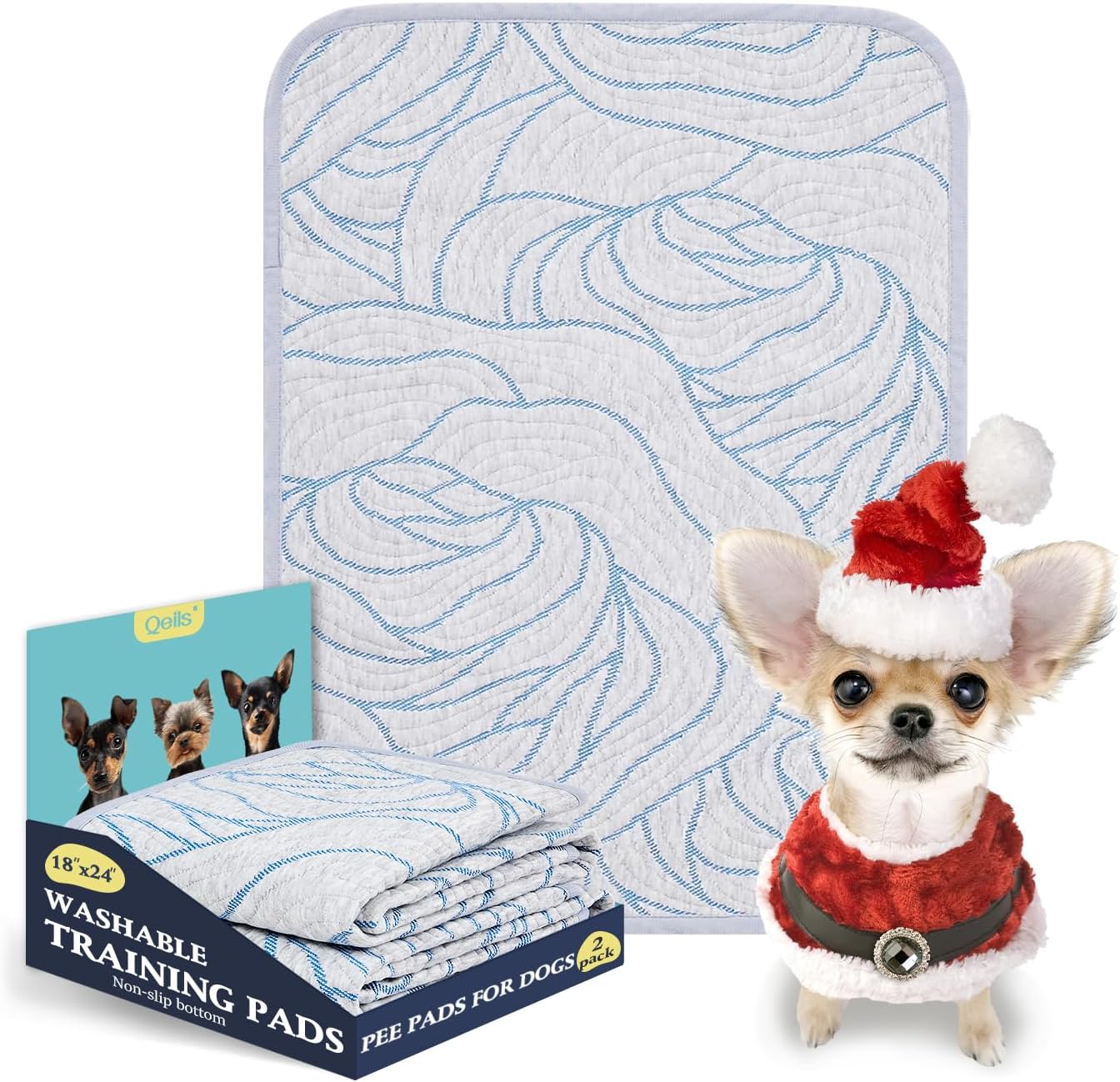 Qeils Pee Pads Reusable Washable Puppy Pads- 2 Pack 18″x24″ Heavy Absorbent Protective Pads Leakproof Dog Training Pads, Non-Slip Potty Incontinence Pads for Bed, Floor, Couch, Carpet, Kennel, Crate