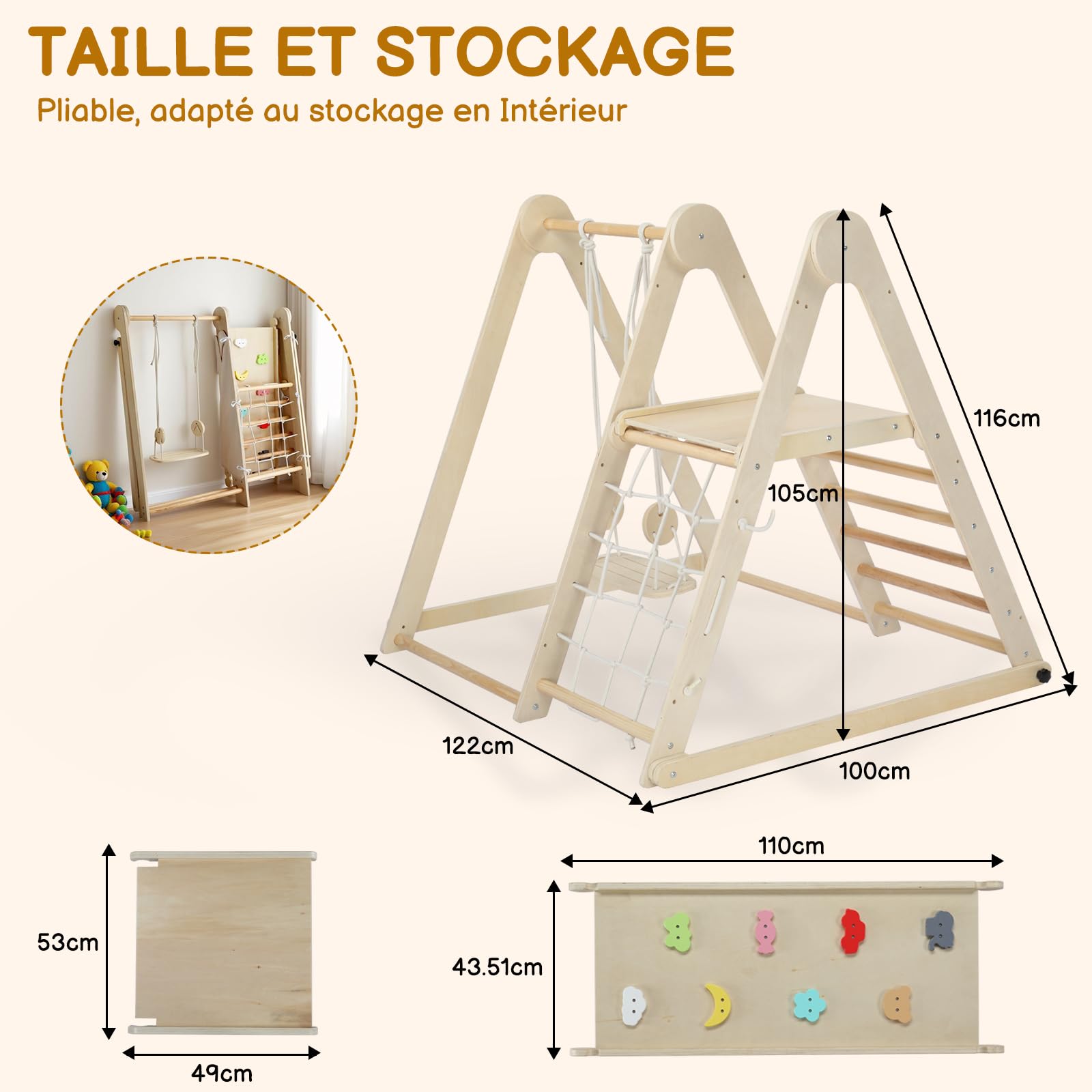 Ensemble D’escalade Pliable 7 En 1 Pour Enfants – Balançoire, Toboggan, Filet, échelle, Bois Naturel