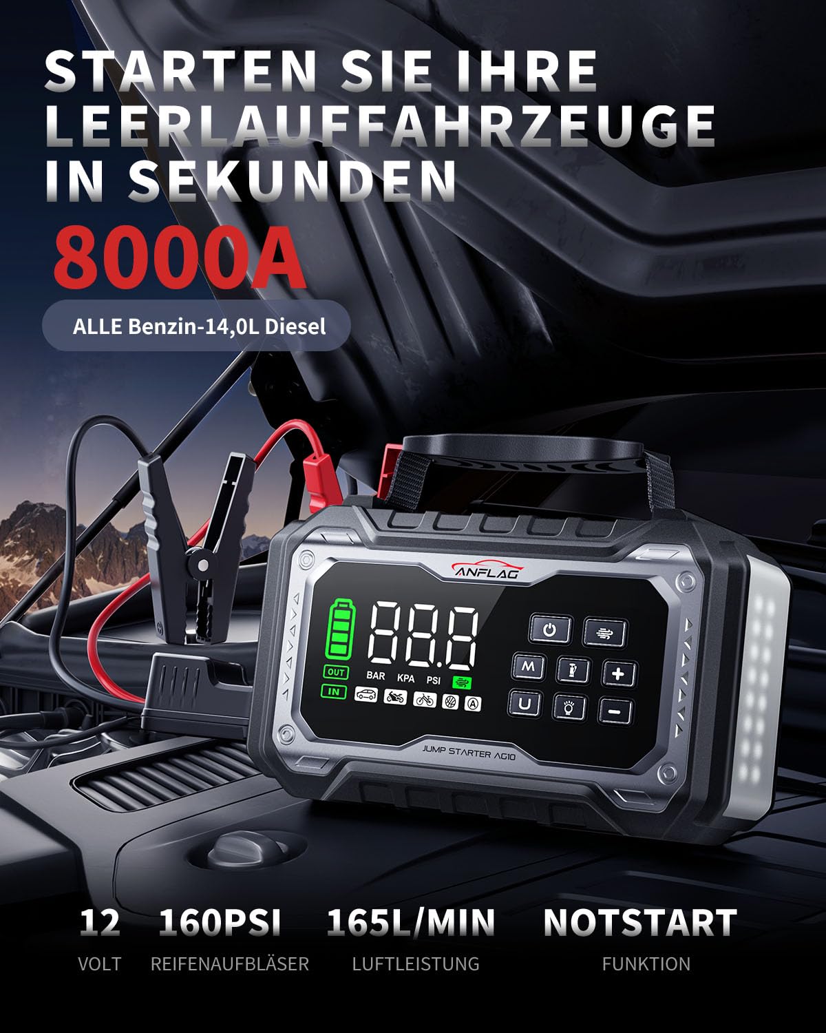 8000A Starthilfe Powerbank für Pkw mit Gebläse und 160PSI Kompressor, Auto Starthilfe Powerbank für All Benzin und 14.0L Dieselmotor, Starter Powerbank 800 Lumen LED Leuchte und LCD Display