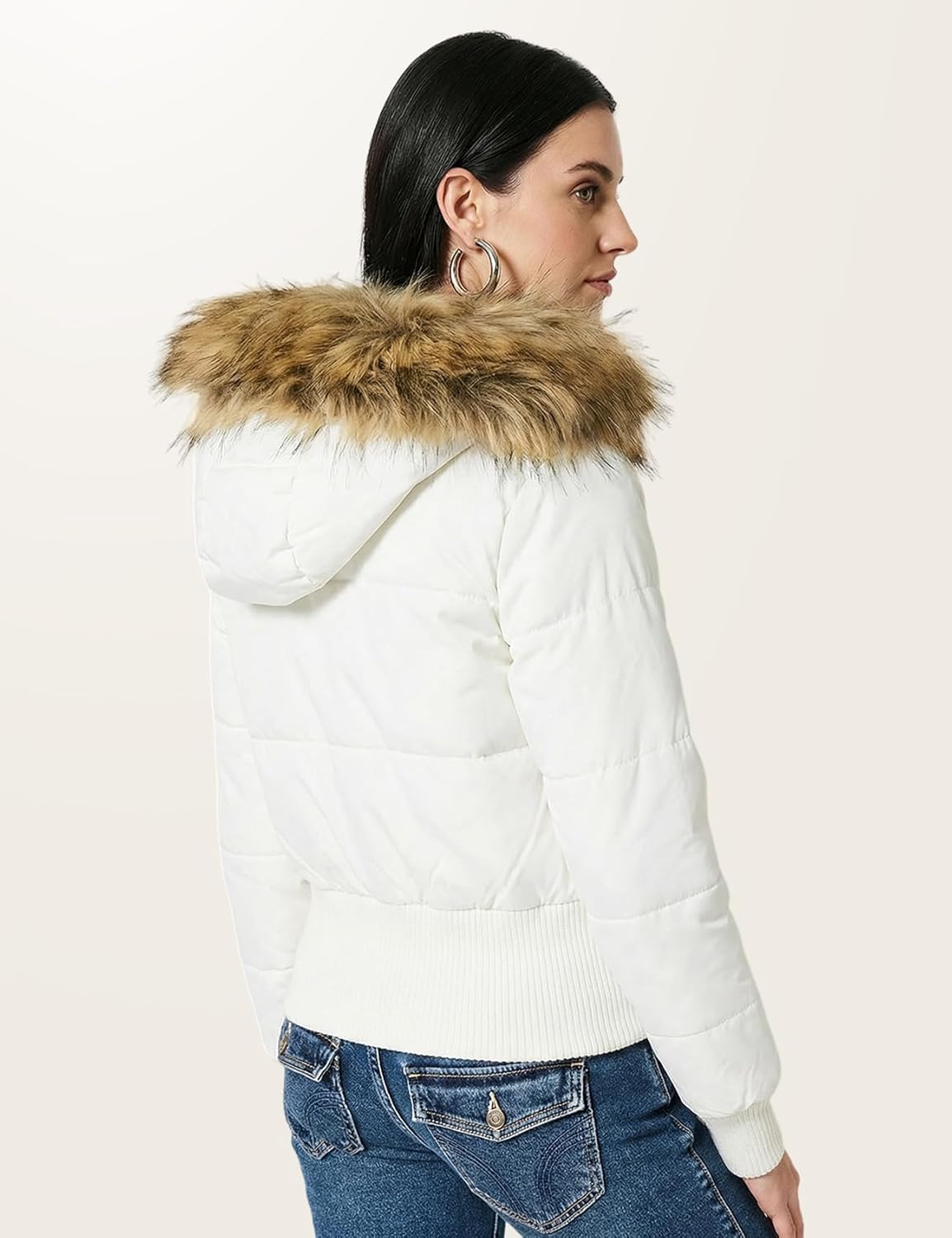 Wyeysyt Women's Cropped Puffer Jacket Winter Quilted Jacket with Faux Fur Trim Hood Bomber Coat(Beige-L) - Image 7