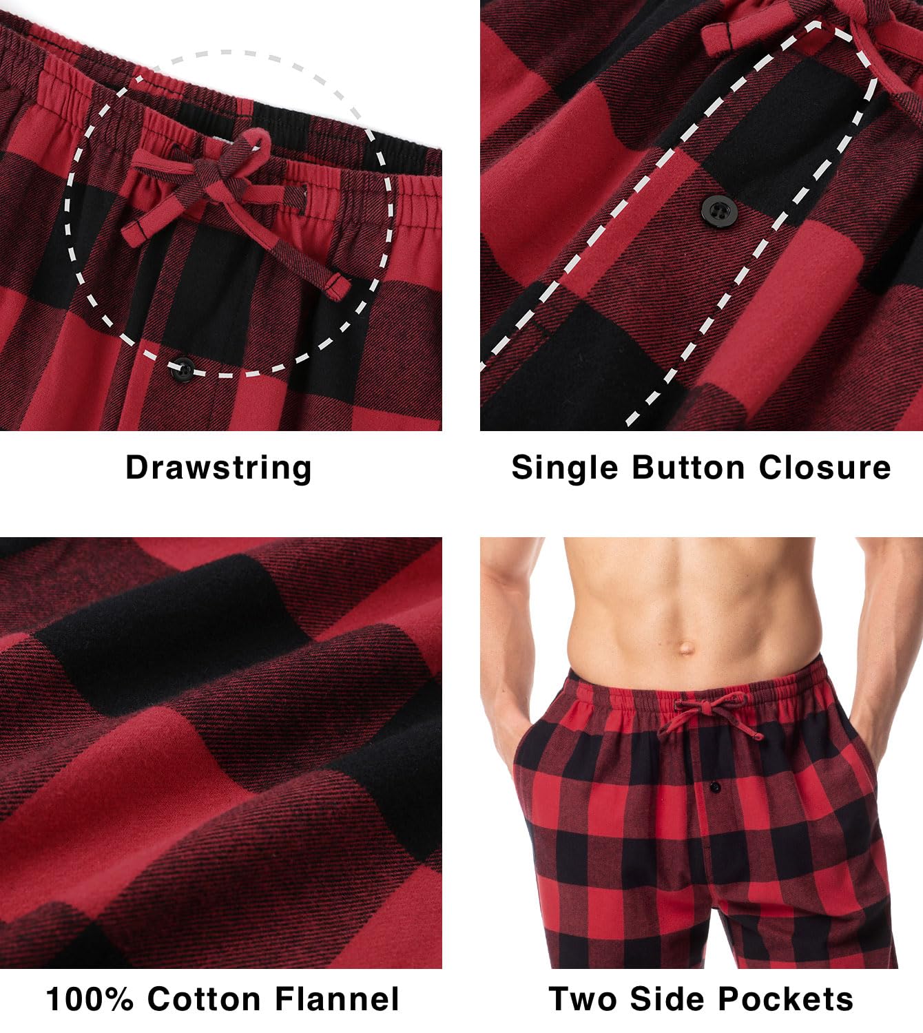LAPASA Pantalón de Pijama para Hombre a Cuadros, Pantalón Largo de Estar por Casa, Lounge y Relax (M39 Franela de Algodón / M128 Forro Polar)
