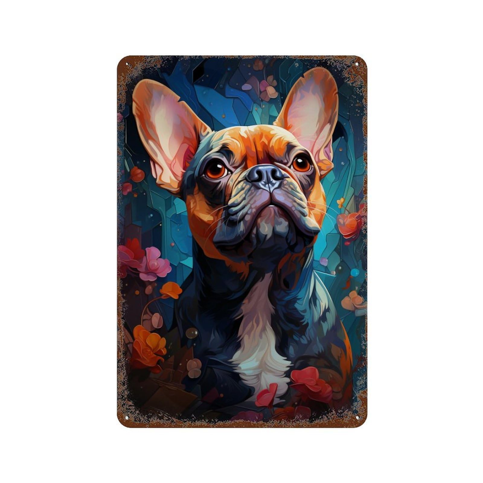 Colorful French Bulldog Artwork Vintage Wall Sign 11.8"x7.9", Rust Effect Metal Decor for Shed, Workshop And Garage Wall Decor