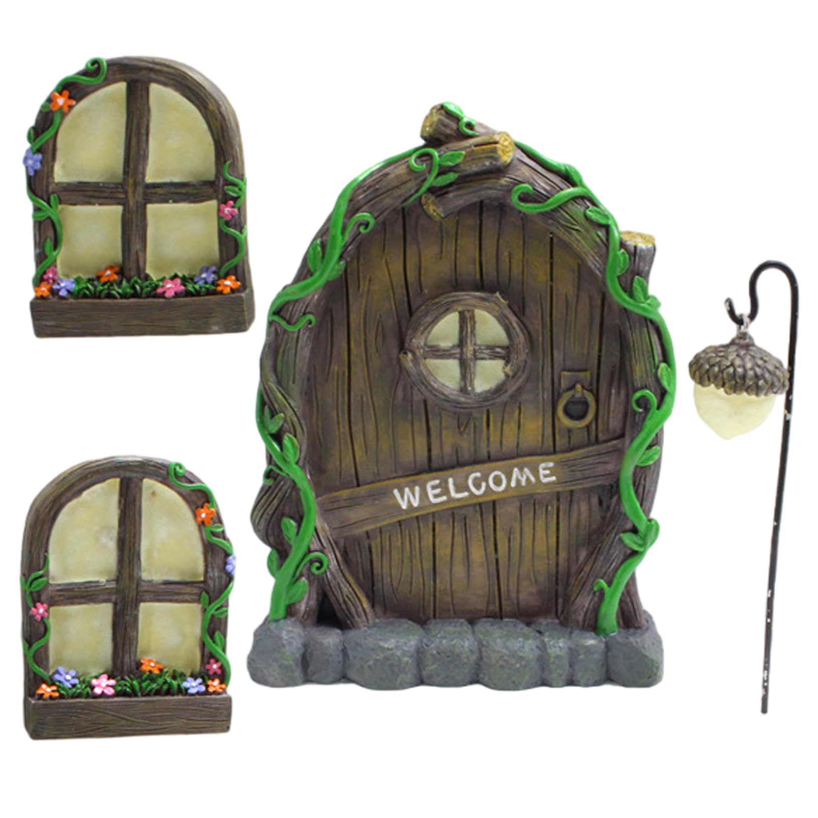 Pesoncarl Fairy Garden Kit, Glow in The Dark Resin Window and Fairy Door for Tree Trunk with Lantern for Garden Lawn Yard Wall Indoor Outdoor