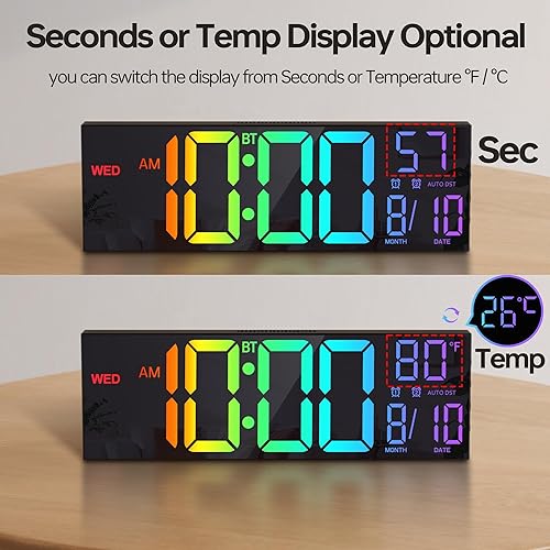 Miniatura 4 de JALL Reloj de pared digital grande de 16.2 pulgadas con segundos, sincronización Bluetooth, alarma LED grande, color RGB, temperatura DST para aula,