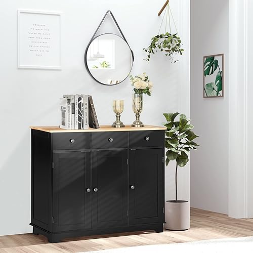 Vista 110 de HOMCOM Sideboard with Solid Wood Countertop, Modern Kitchen Storage Cabinet, Coffee Bar Cabinet with 2 Drawers, Doors and Adjustable Shelf, Black