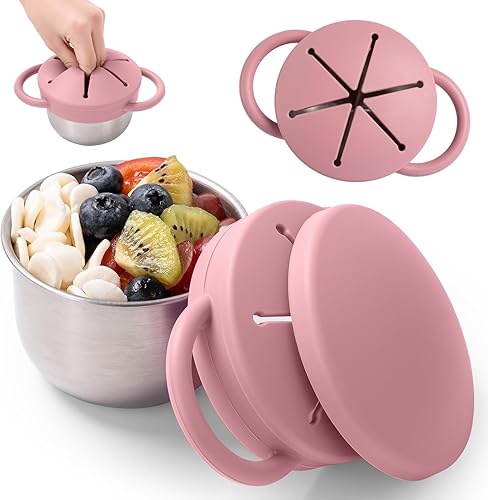 Miniatura 11 de Paquete de 2 recipientes de aperitivos para niños pequeños, vasos de aperitivos de acero inoxidable con atrapador de alimentos y tapas de silicona,