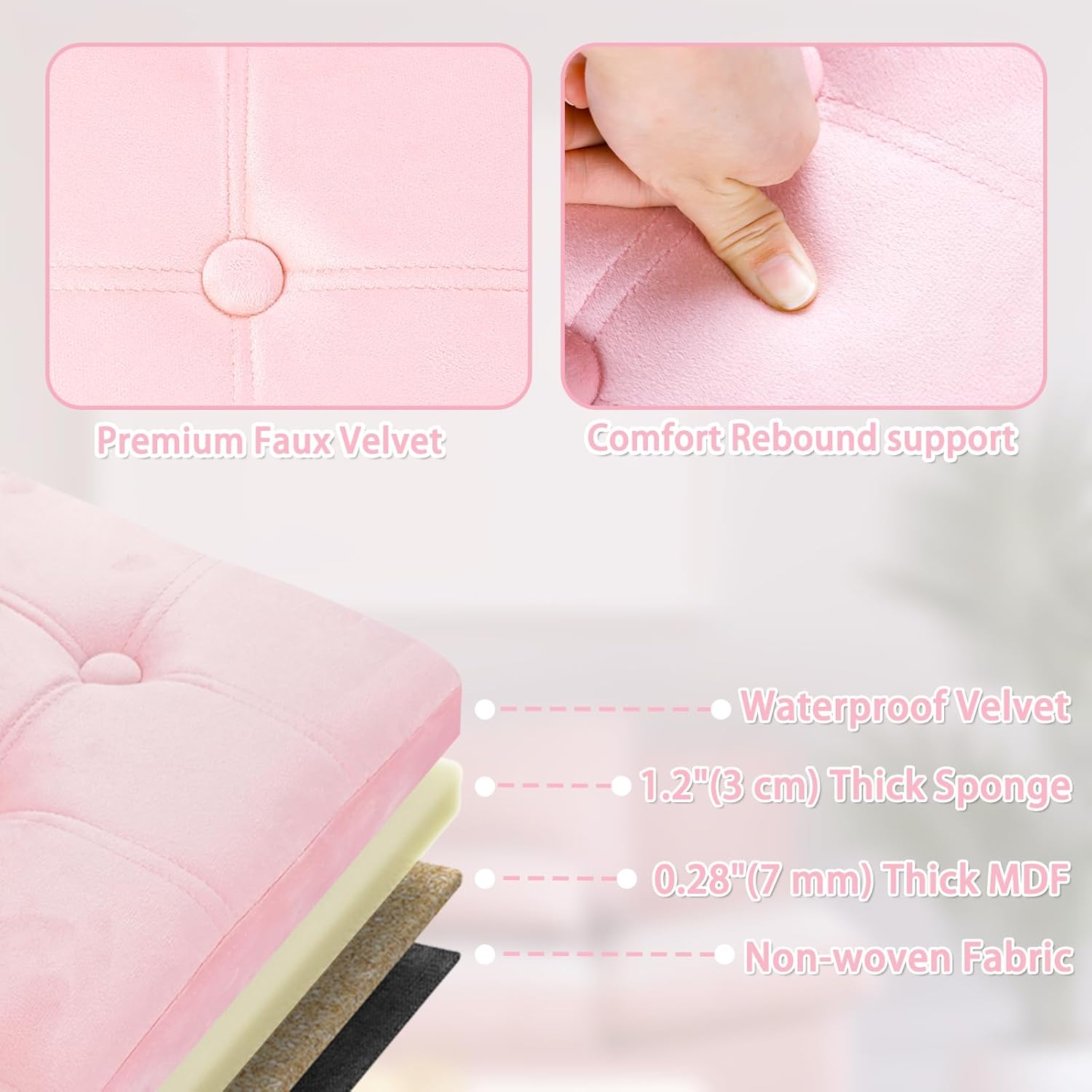 Folding Ottoman Bench with Storage - 34Inches Teddy Velvet Foot Stool Ottoman Bench, Padded Seat, Storage Chest,Blanket Store, for Entryway Livingroom and Bedroom,Pink (34" D x 13" W x 13" H)