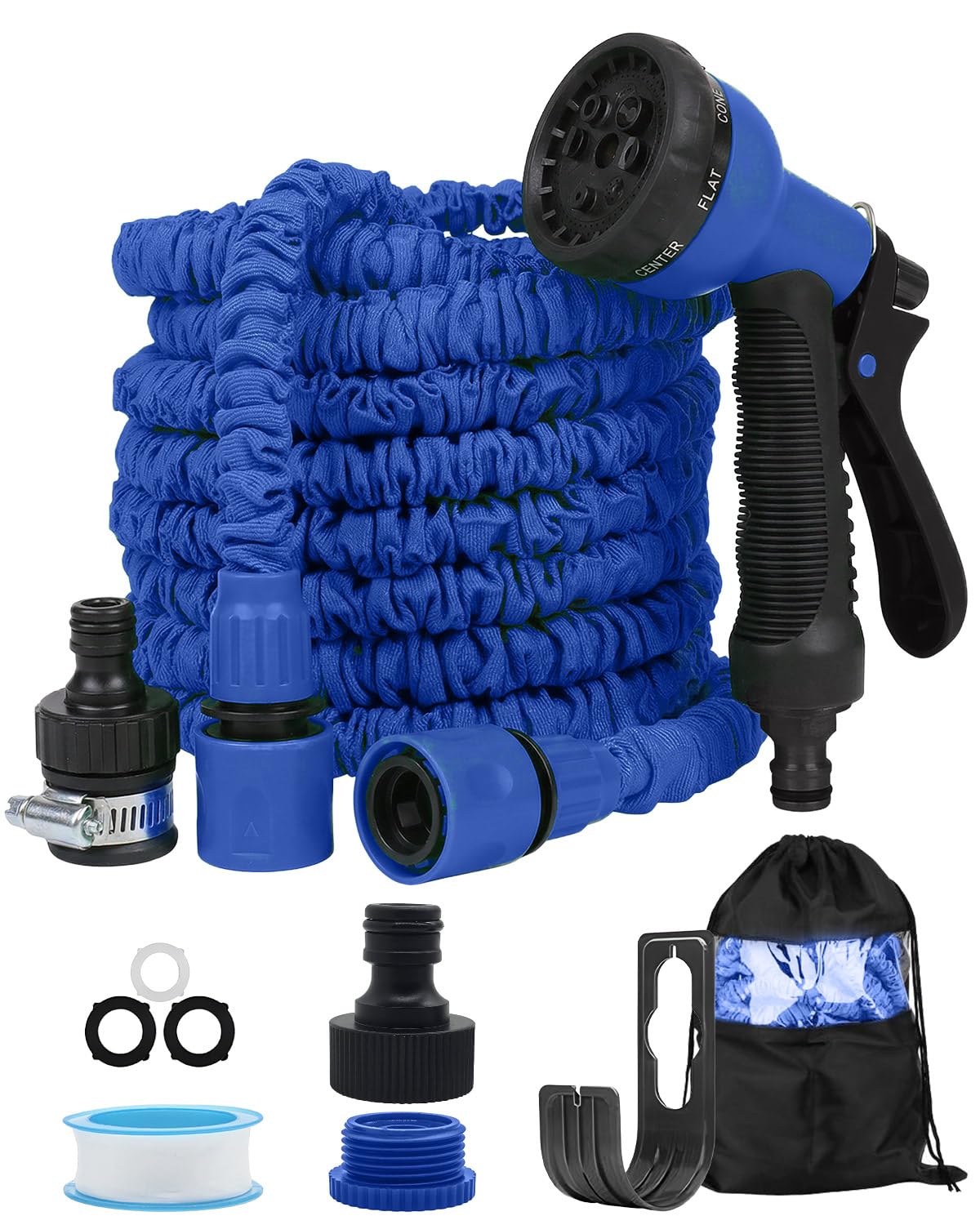 30M/100FT Expandable Garden Hose, Flexible, Retractable Water Hose with 3/4" & 1/2" Fittings, Leak-Proof Latex Core, 8-Function Spray Nozzle for Outdoor & Garden Use, Blue